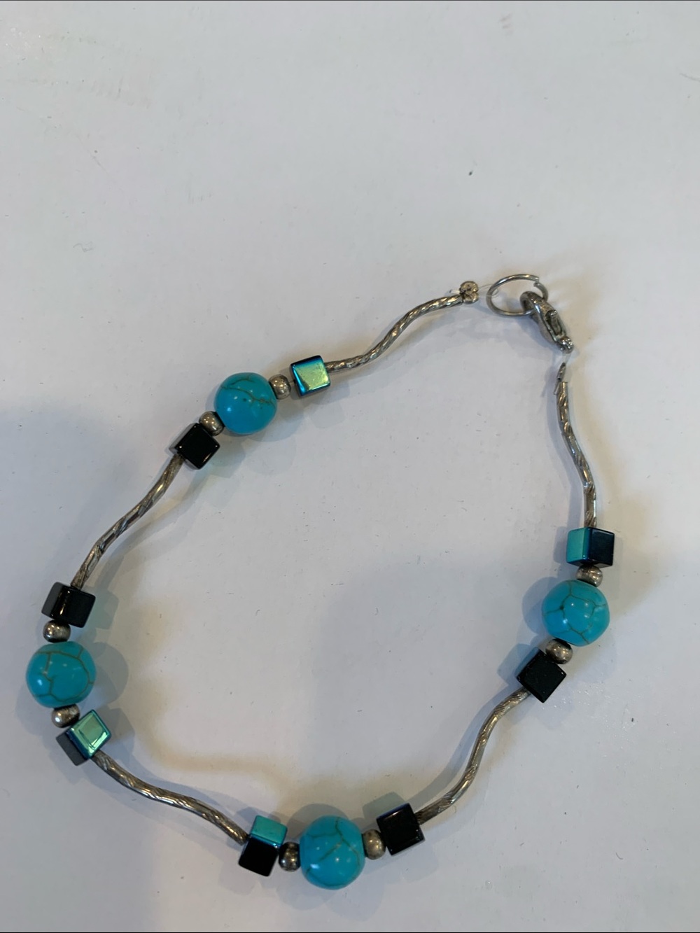 Southwestern Style Turquoise Blue & Black Beaded Silver Tone Bar Link Bracelet